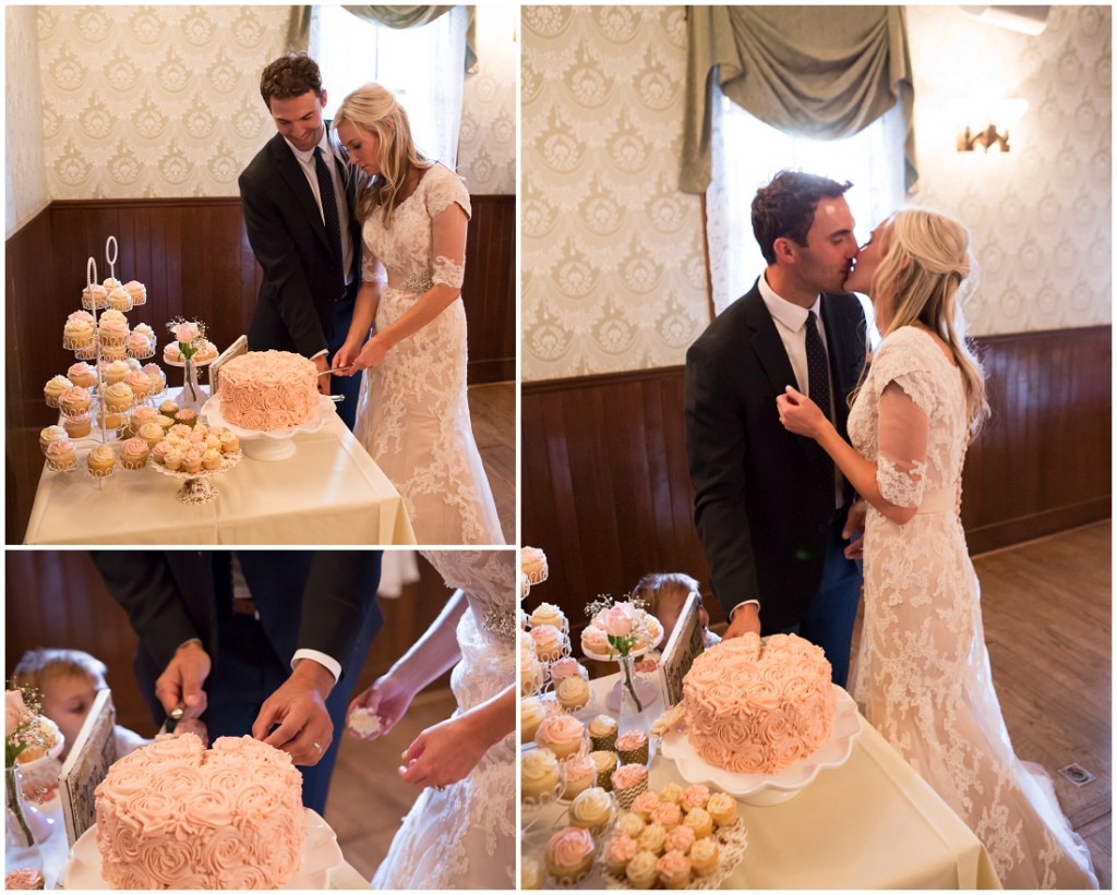 Bride and groom cutting the cake at their Wainwright Hotel wedding reception