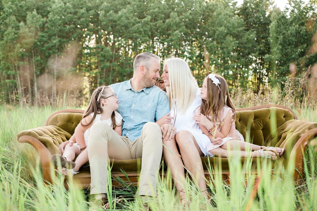 family photos, family session, family of 4, sofa in a field