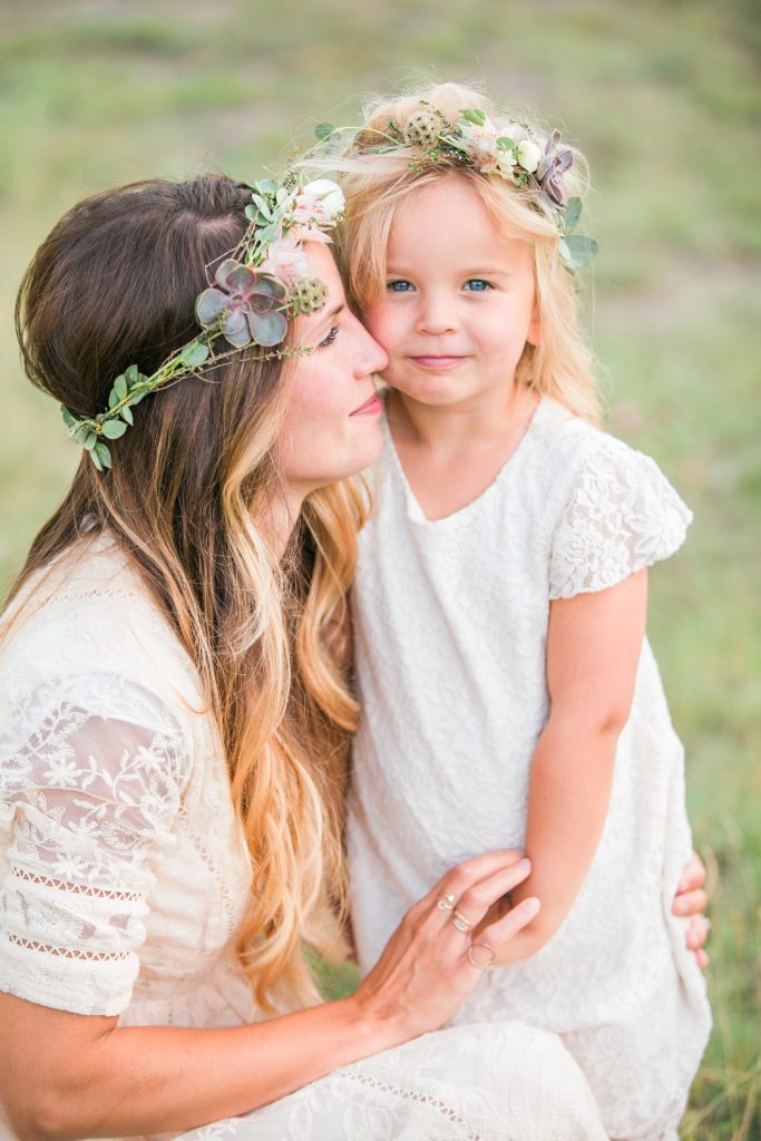 mom and daughter, flower crown, cream lace,