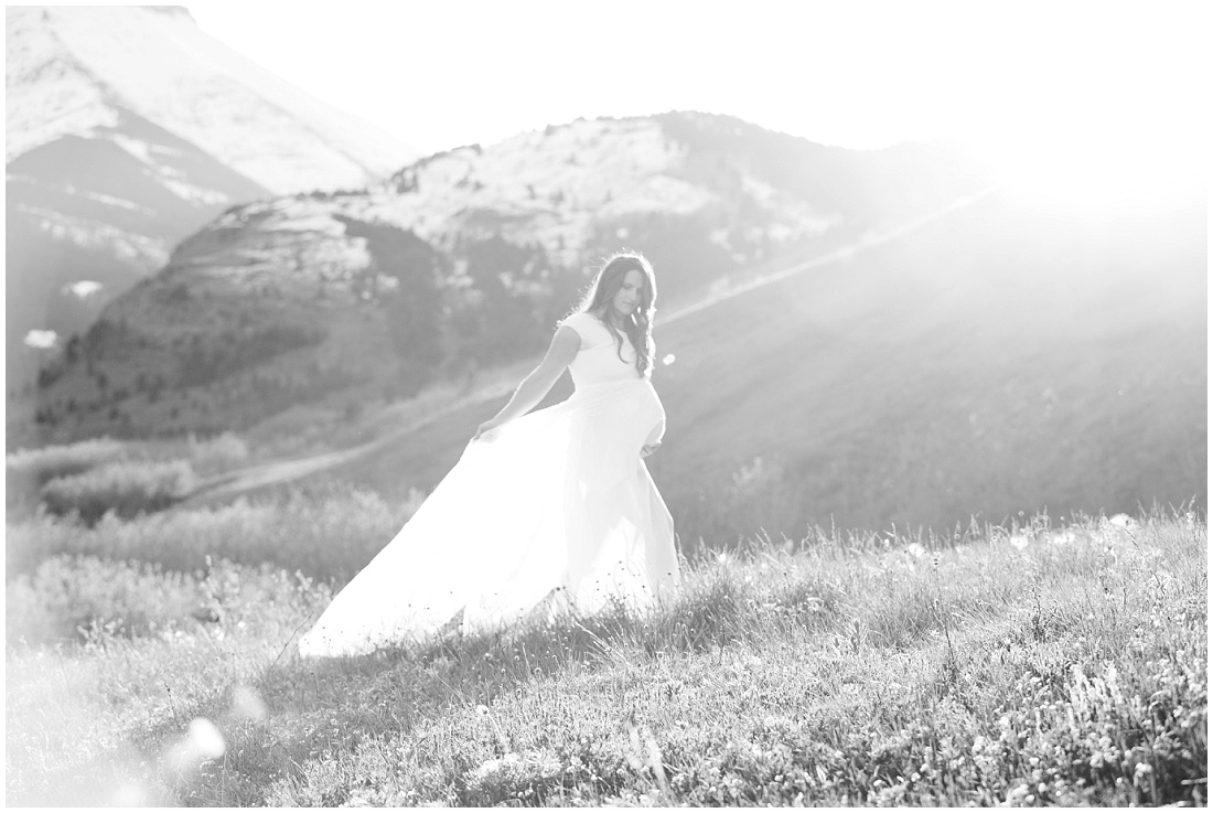 Waterton maternity, Calgary maternity photographer, maternity dress, baby bump, beautiful light, mountain maternity shoot, black and white photo