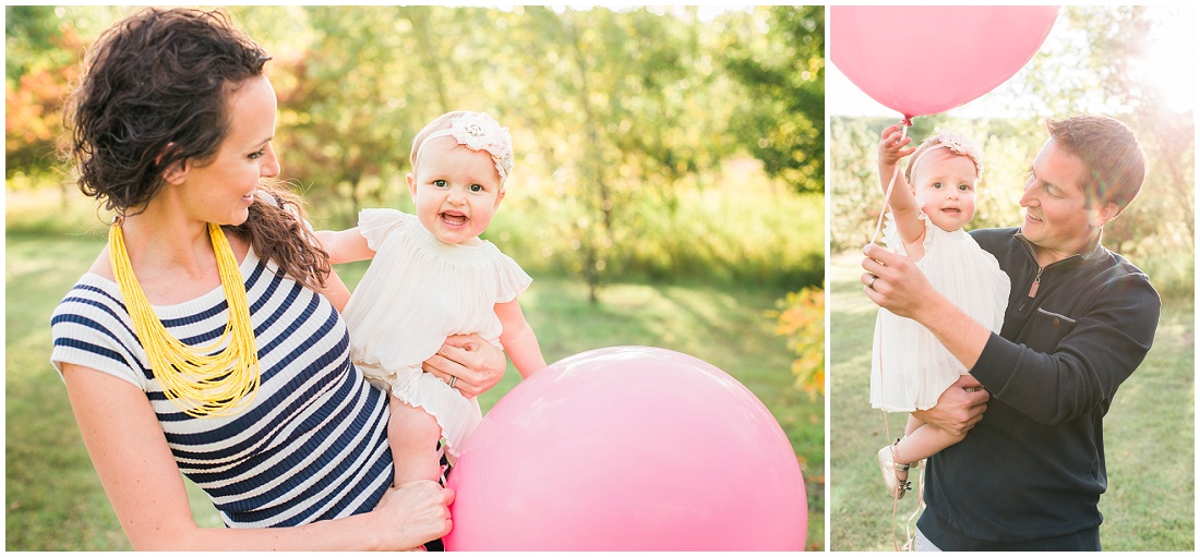 1st birthday photos with large pink balloon