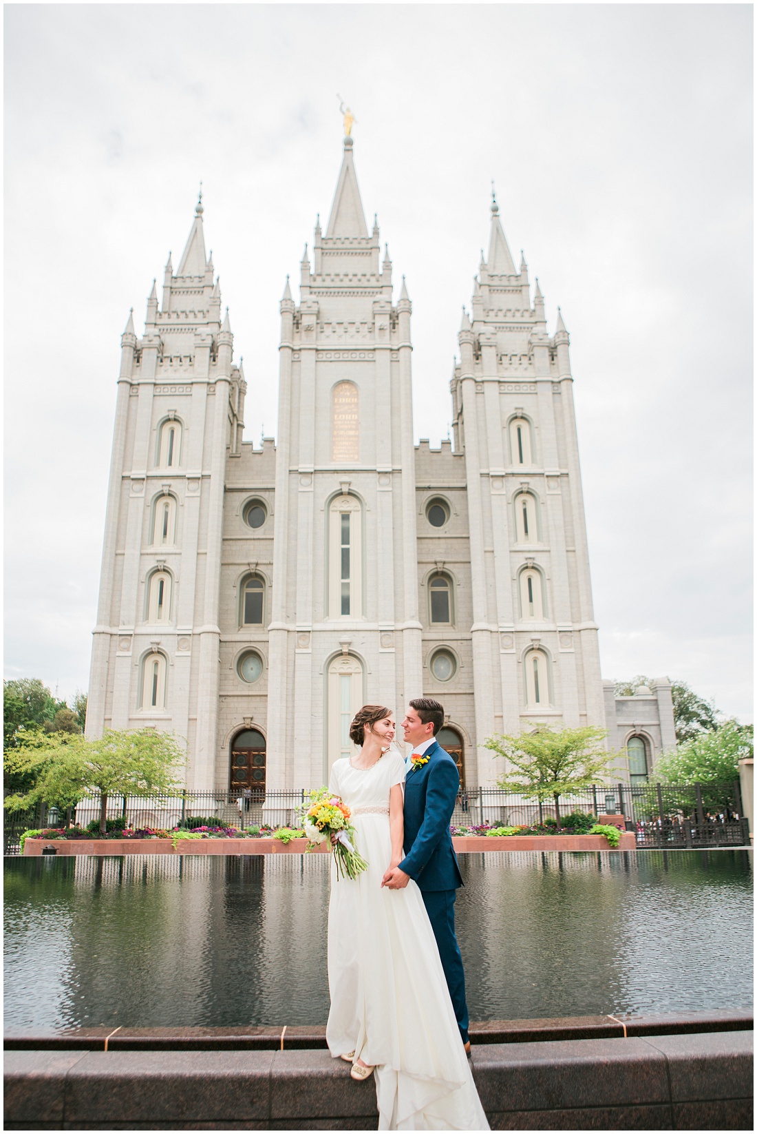 Bride and Groom at Reflecting Pool, Salt Lake Temple