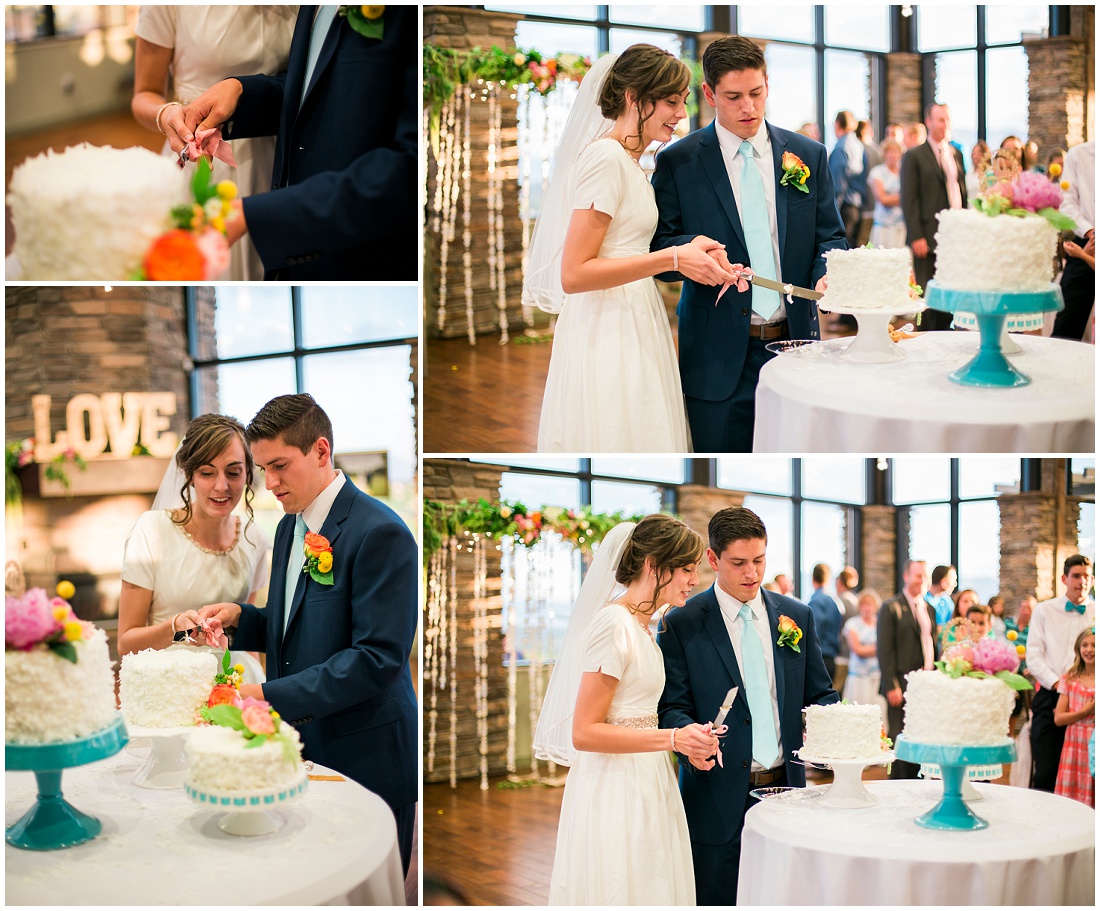 Bride and Groom cutting the wedding cake photographed by Alysha Sladek| Calgary Family and Wedding Photographer