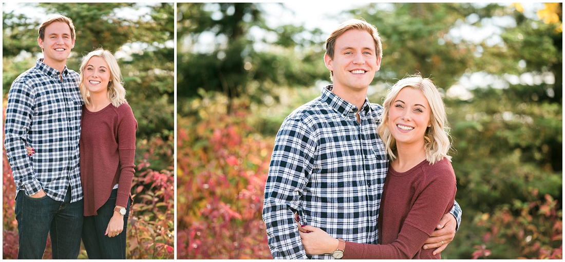 cute couple pose, navy plaid and burgundy outfits