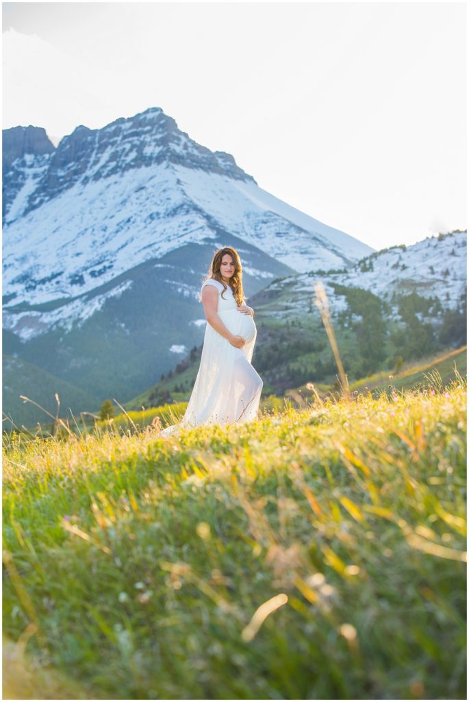 Waterton maternity, Calgary maternity photographer, maternity dress, baby bump, beautiful light, mountain maternity shoot